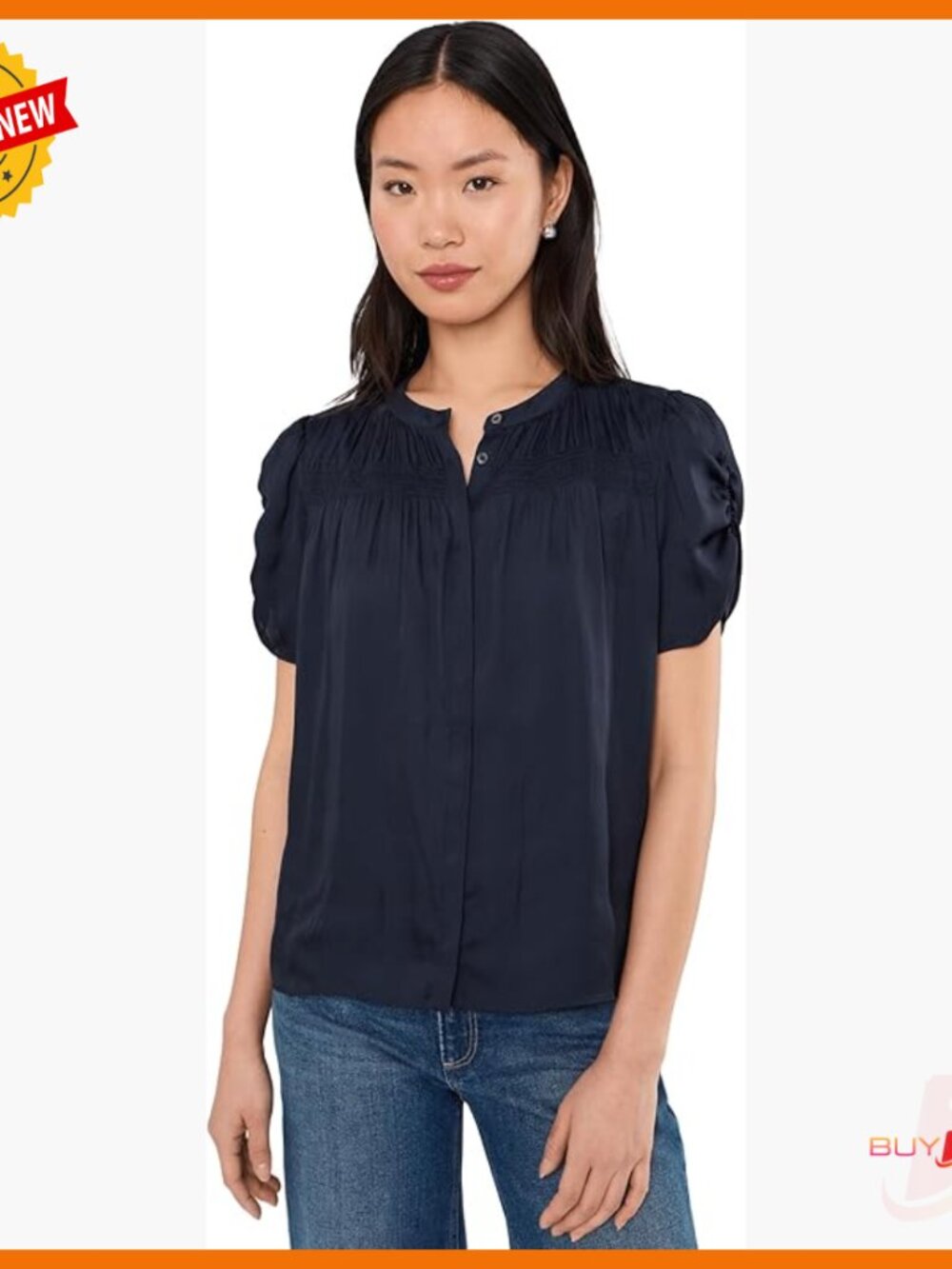 Relaxed Puff Sleeve Blouse Eco Matte Satin V-Neck Peasant Top